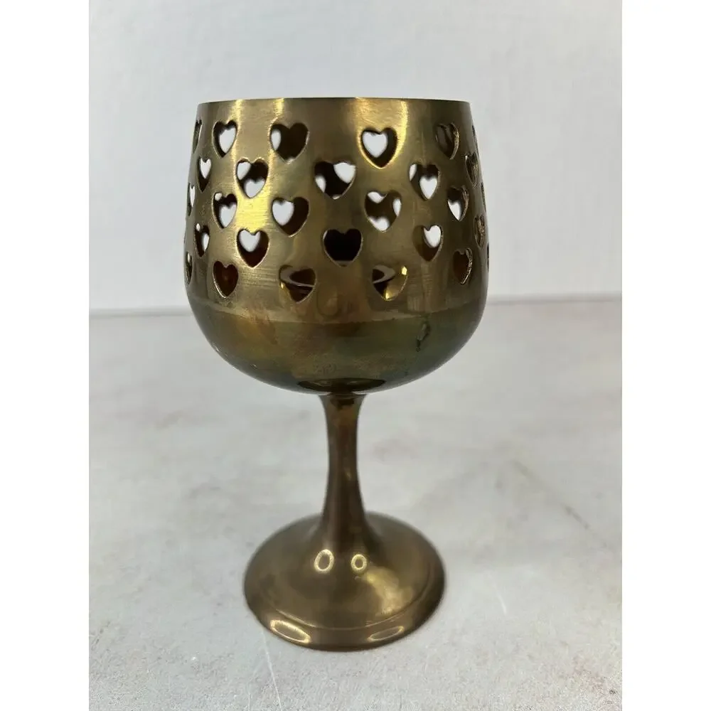 Brass Cutout Hearts Candle Holder Vintage 1980s Goblet Style Votive‎ Candlestick